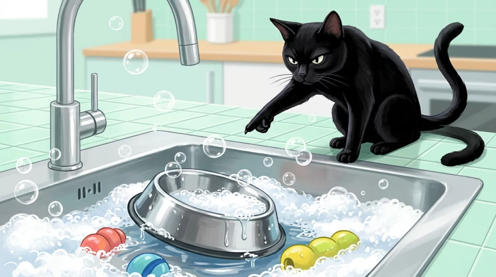A playful illustration of a sleek black cat supervising a bubbly sink full of soapy dog toys and a food bowl.
