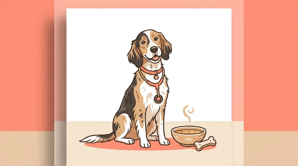 Playful illustration of an English Setter with a toy stethoscope next to a bowl of soup and a dog treat.