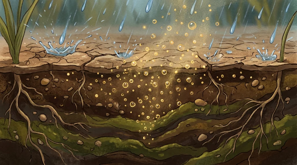 Warm storybook illustration of rain hitting dry soil and releasing glowing golden scent particles of petrichor into the air.