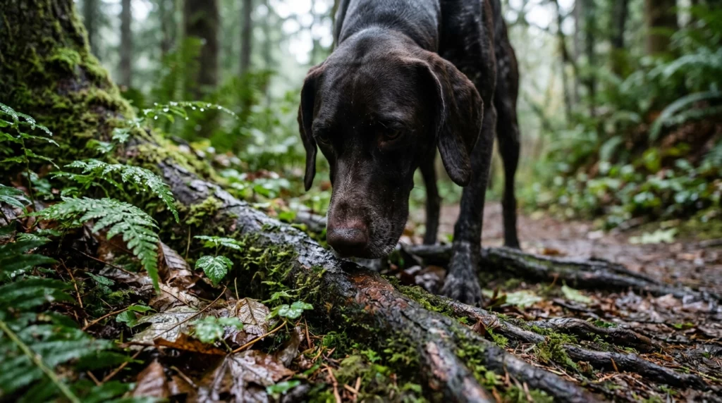 Close-up documentary photo of a dog intently sniffing damp moss and wet leaves in a misty forest.