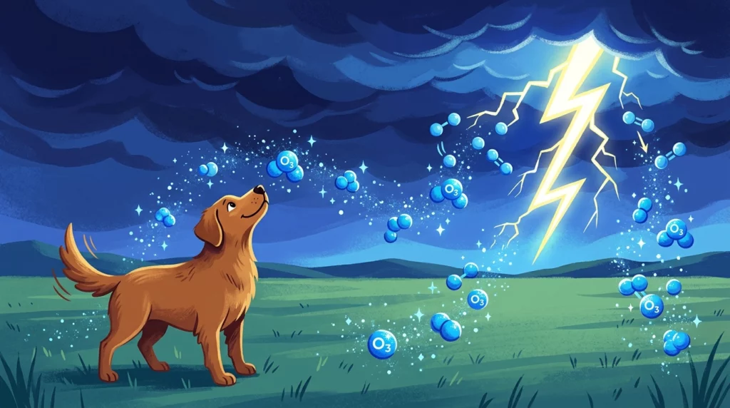 Playful editorial illustration of lightning splitting air into sparkling blue ozone particles that drift down to a waiting dog's nose.
