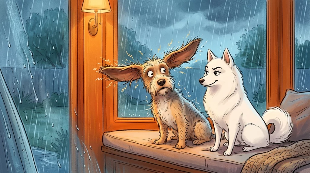Playful illustration of a hound dog with static-puffy ears looking surprised next to a rainy window, while a calm cat watches.