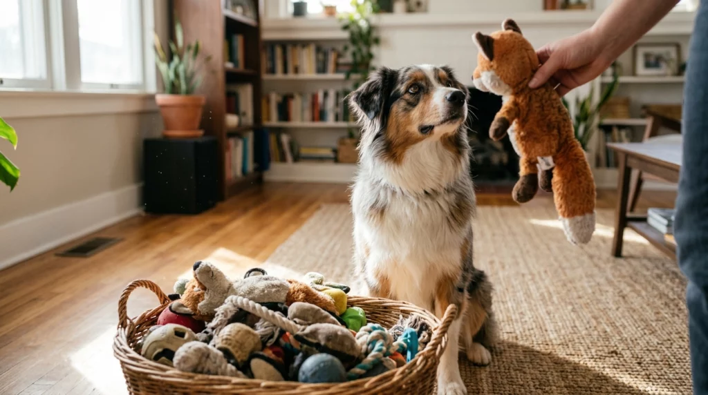 An Australian Shepherd sits attentively next to a toy basket, waiting for its owner's command.