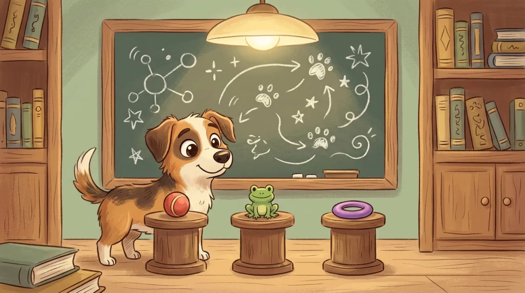 Charming storybook illustration of a dog in a study analyzing three different toys on pedestals.