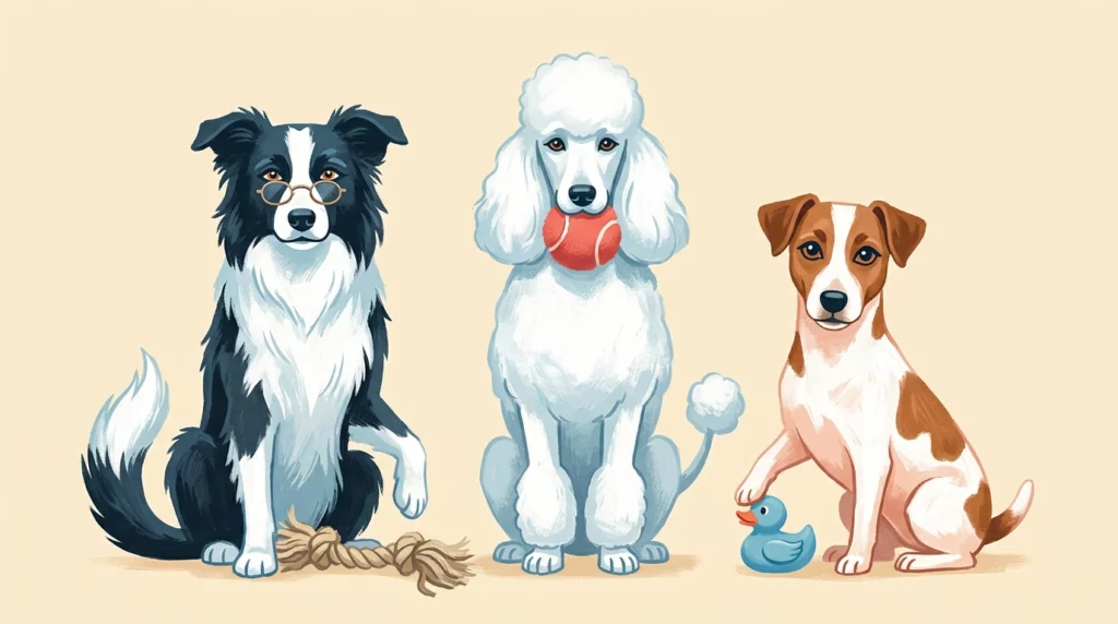 Playful editorial illustration of three intelligent dog breeds proudly posing with their favorite toys.