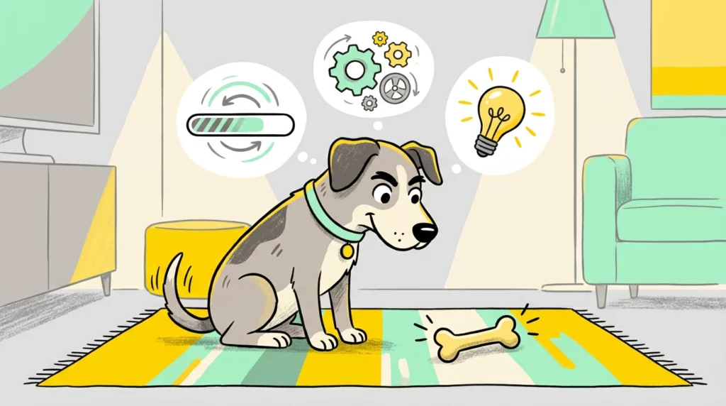 A playful illustration of a dog trying hard to learn a toy's name with floating icons of gears and a lightbulb above its head.