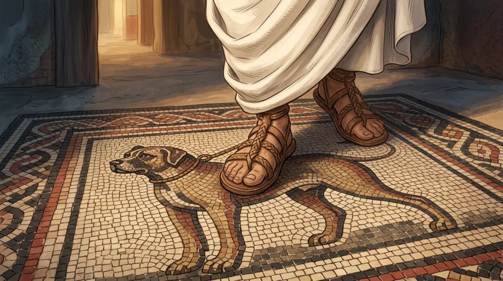 A warm storybook illustration of a Roman citizen stepping onto a mosaic of a dog at a villa entrance.
