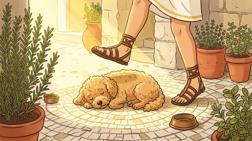 A playful illustration of a Roman citizen stepping carefully over a tiny sleeping dog in a sunny courtyard.
