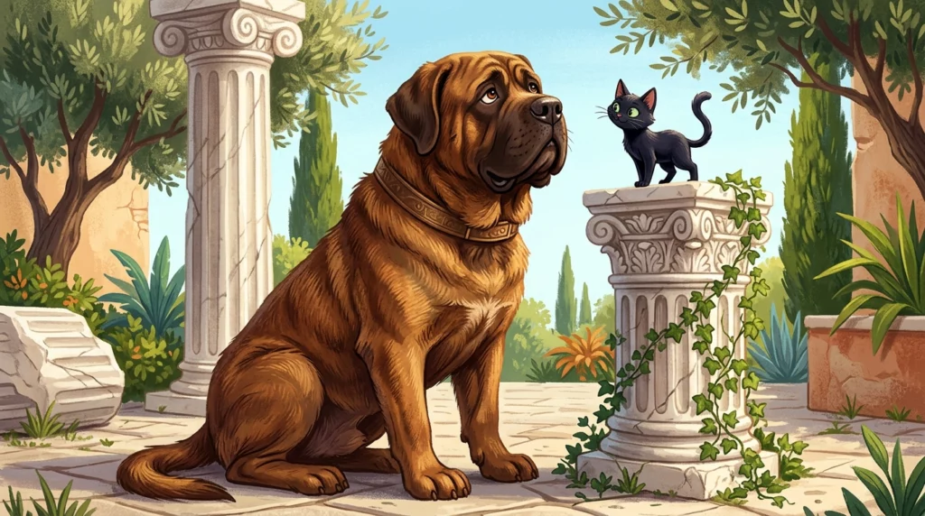 A playful illustration of a giant, noble Molossian dog sitting next to a tiny black cat on a marble column.