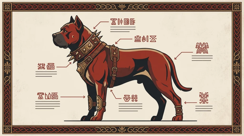 An illustrative diagram of an ancient Roman guard dog showing its protective spiked leather collar.