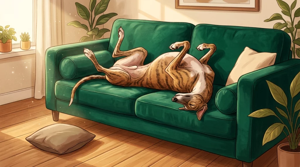 Charming storybook illustration of a brindle Greyhound sleeping upside down on a green velvet sofa, legs sticking straight up in the air.