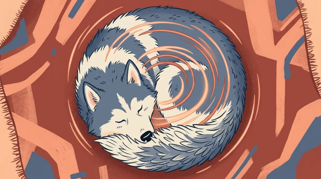 Playful illustration from above showing a fluffy Husky curled into a tight, warm circle with its nose under its tail.