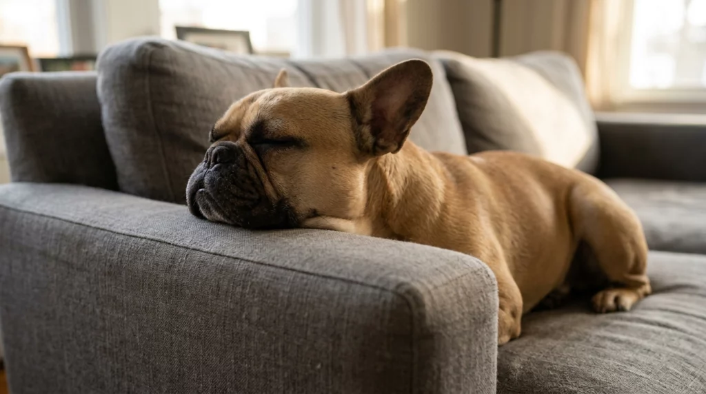 Documentary lifestyle photo of a French Bulldog sleeping with its chin propped up high on a sofa armrest to help its breathing.