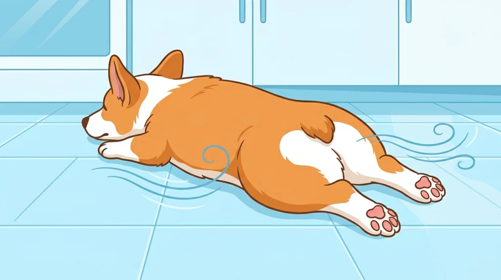 Playful illustration of a fluffy Corgi performing a perfect sploot on a cool tiled kitchen floor.