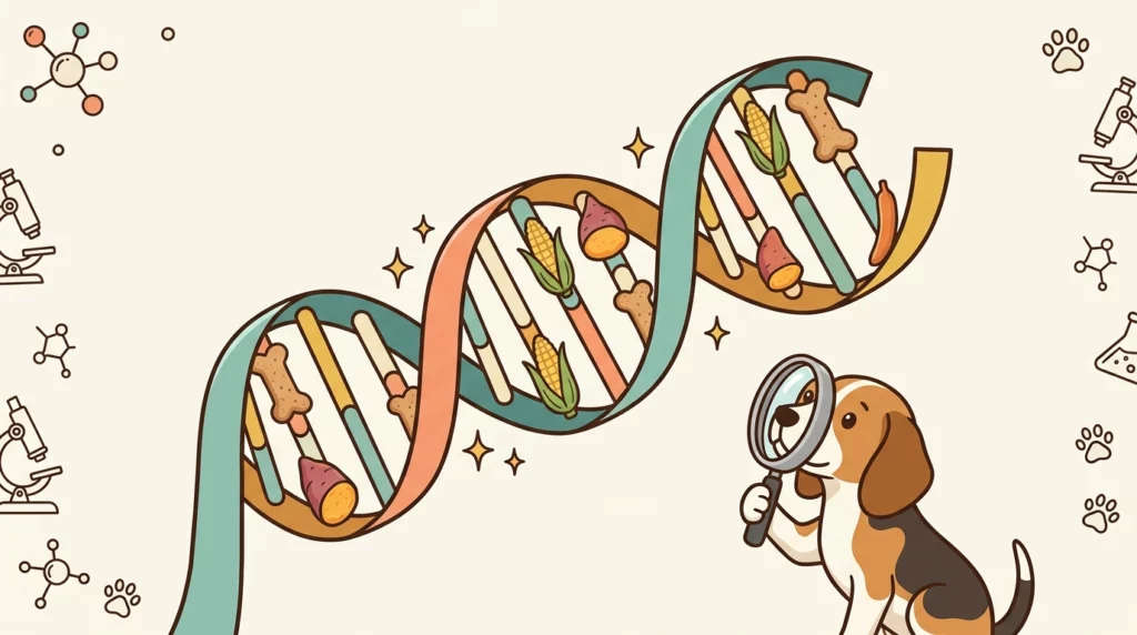 A whimsical illustration of a DNA double-helix containing dog biscuits and starches, watched by a curious puppy.