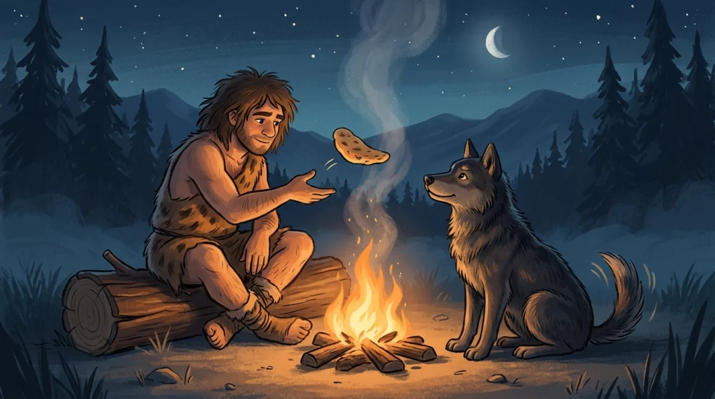A warm storybook-style scene of a prehistoric human sharing starch-rich camp food with a proto-dog by a fire.