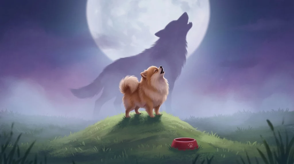 A charming storybook illustration of a tiny Pomeranian posing dramatically like a wolf under a full moon.