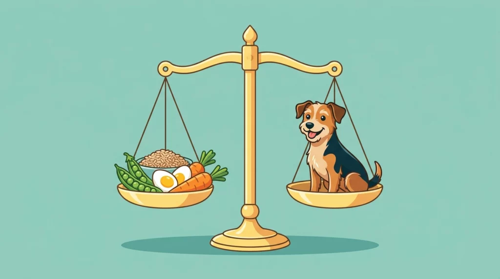 An editorial illustration of a balanced scale weighing healthy plant-based ingredients against a happy dog.