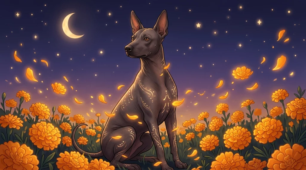 A warm storybook-style illustration of a sleek, hairless Xoloitzcuintli dog sitting peacefully amidst bright orange marigold flowers under a starry night sky.