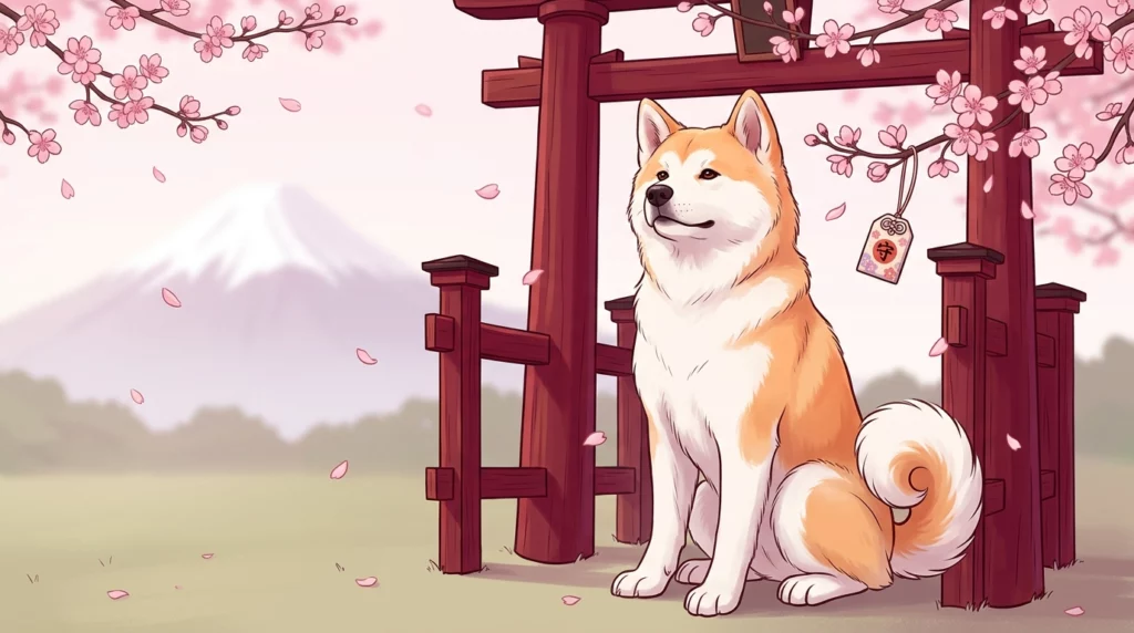 A playful illustration of a fluffy Akita dog sitting loyally next to a red torii gate under drifting pink cherry blossoms.