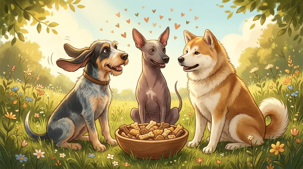 A heartwarming storybook illustration of three very different dogs—a Griffon Bleu, a Xolo, and an Akita—sharing treats in a sunny field.