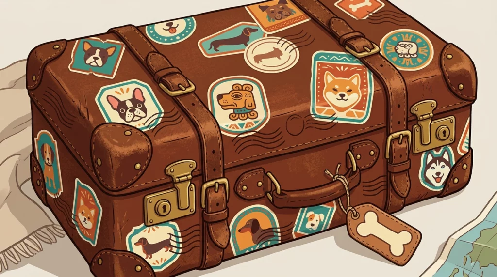 A playful illustration of a vintage travel suitcase adorned with colorful dog-themed stickers and stamps from around the globe.