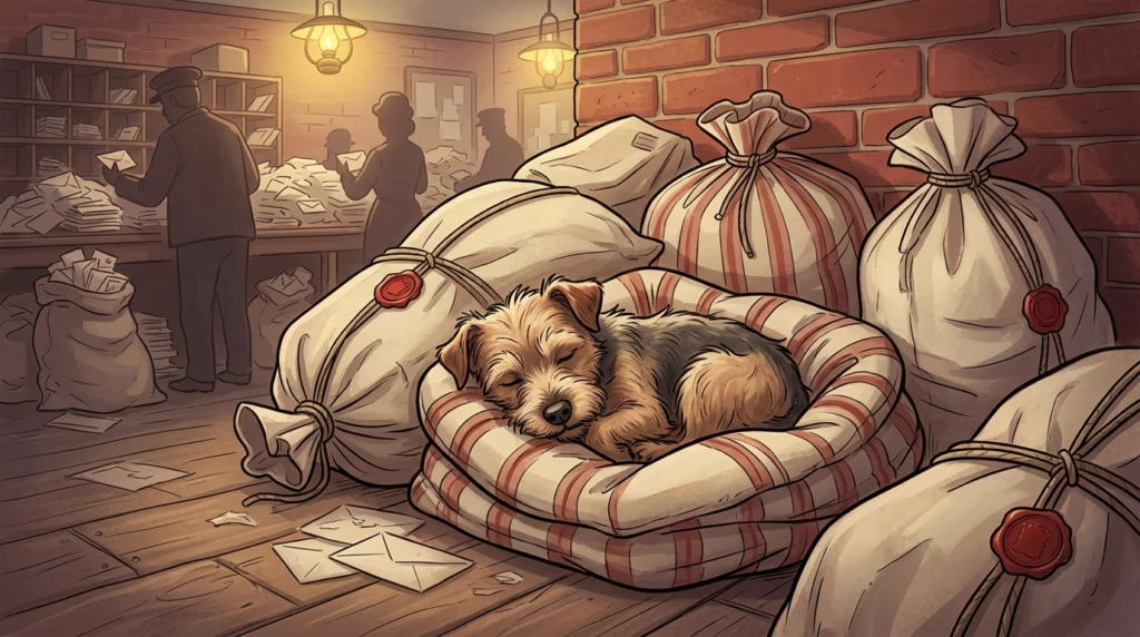 Illustration of a scruffy dog sleeping peacefully on a pile of large canvas mailbags in an old post office.