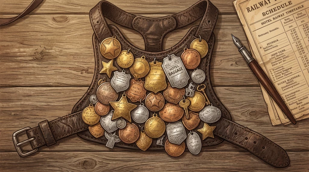 Detailed storybook illustration of a vintage leather dog harness heavily decorated with historic metal travel tags and medals.