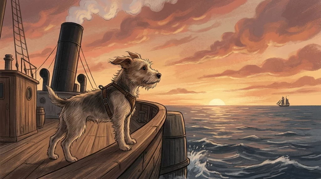 Charming storybook illustration of Owney standing on the deck of a steamship, looking out at the ocean sunset.