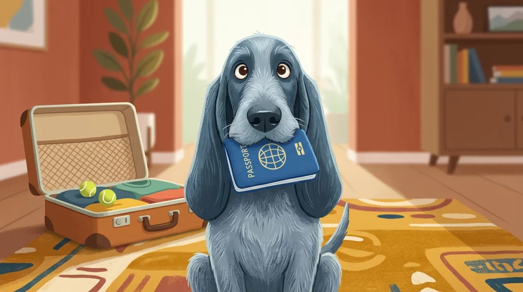 Playful illustration of Blu the Griffon Bleu de Gascogne holding a toy passport in his mouth next to a suitcase.