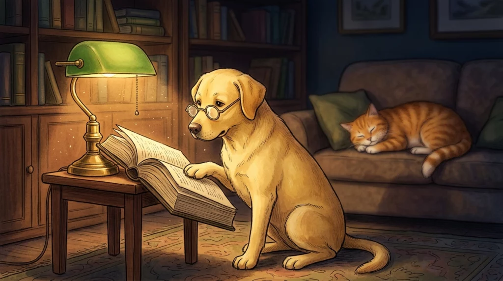 Storybook illustration of a yellow dog secretly reading a thick book under a lamp while an orange cat sleeps in the background.