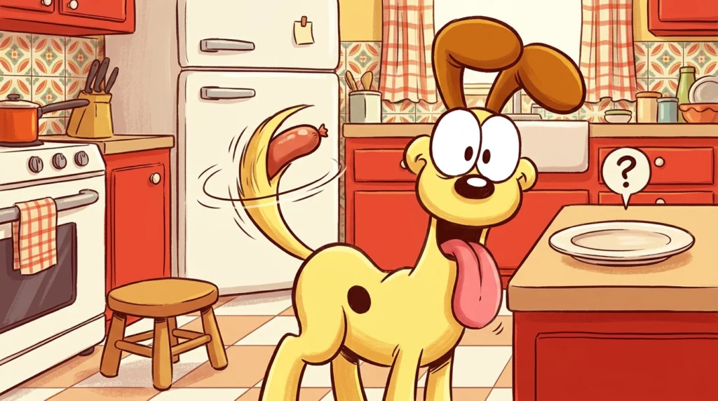 Playful illustration of a yellow dog looking incredibly silly and innocent while hiding a stolen sausage behind his back.