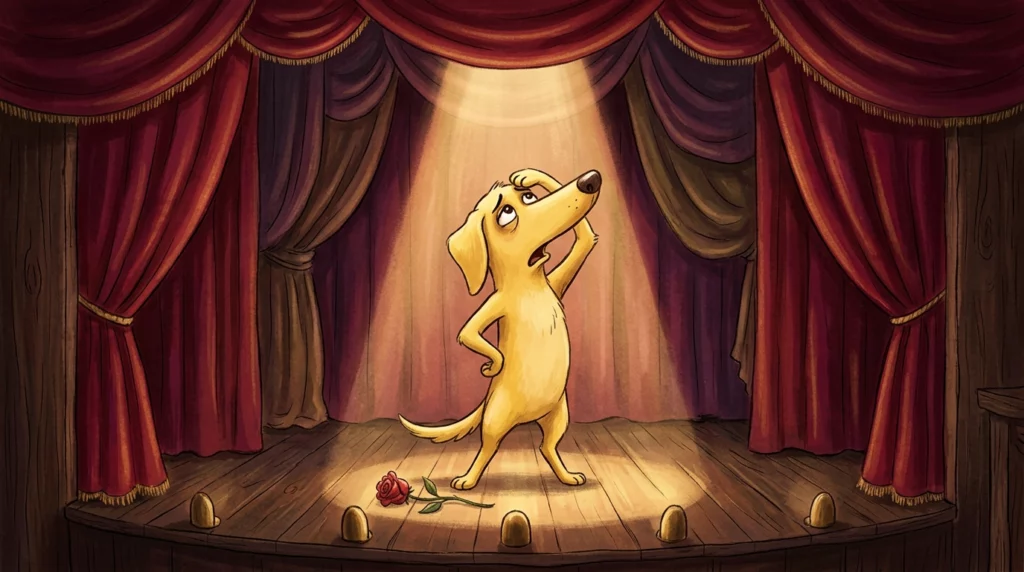 Storybook illustration of a yellow dog dramatically posing on a small wooden stage under a warm spotlight.