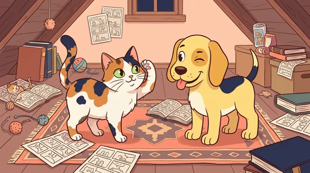 Playful illustration of Yuna the chaotic cat giving a respectful paw-salute to a clever yellow dog who winks back amidst scattered comic strips.