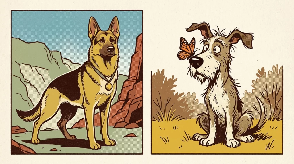 A storybook-style comic panel comparing a heroic, proud German Shepherd with a highly confused, scruffy hound dog looking at a butterfly.