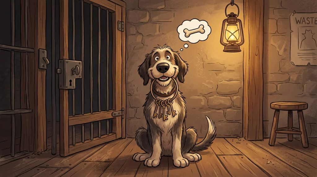 A playful illustration of a goofy dog sitting in a jail cell with the door wide open, happily holding the keys in his mouth.