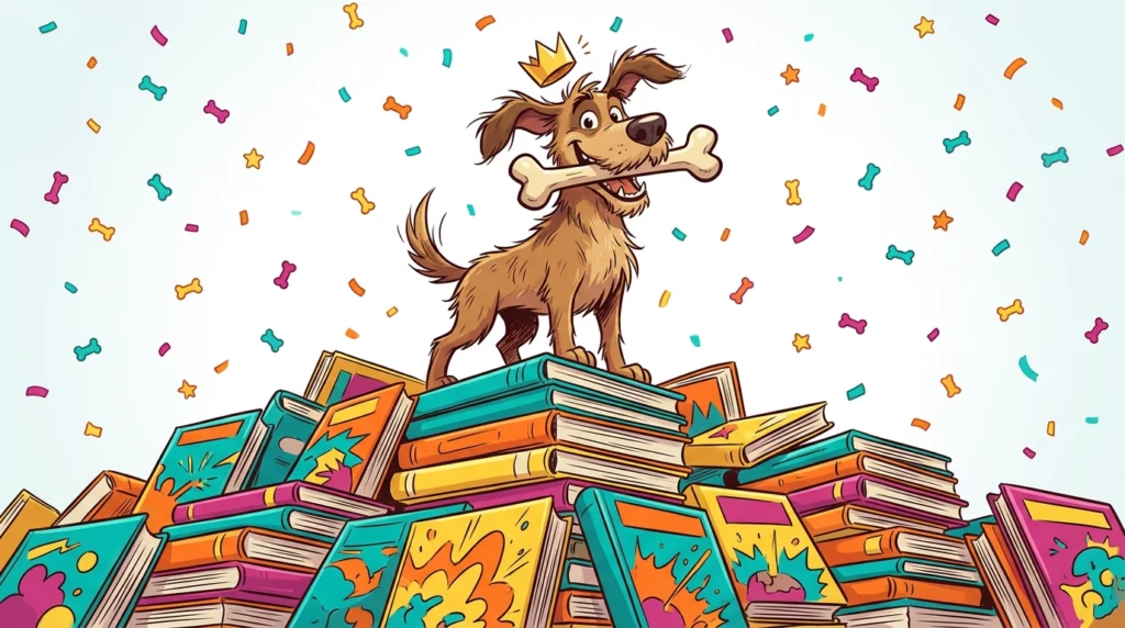A playful illustration of a goofy hound dog standing triumphantly on a stack of colorful comic books with a bone in his mouth.