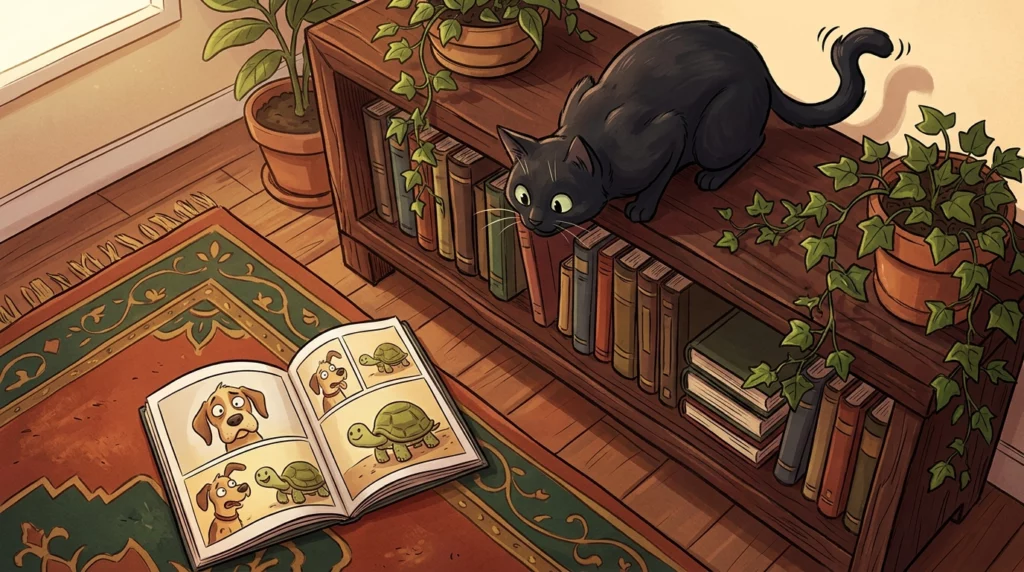 A playful illustration of a curious black cat looking down from a high bookshelf at an open comic book on the floor.