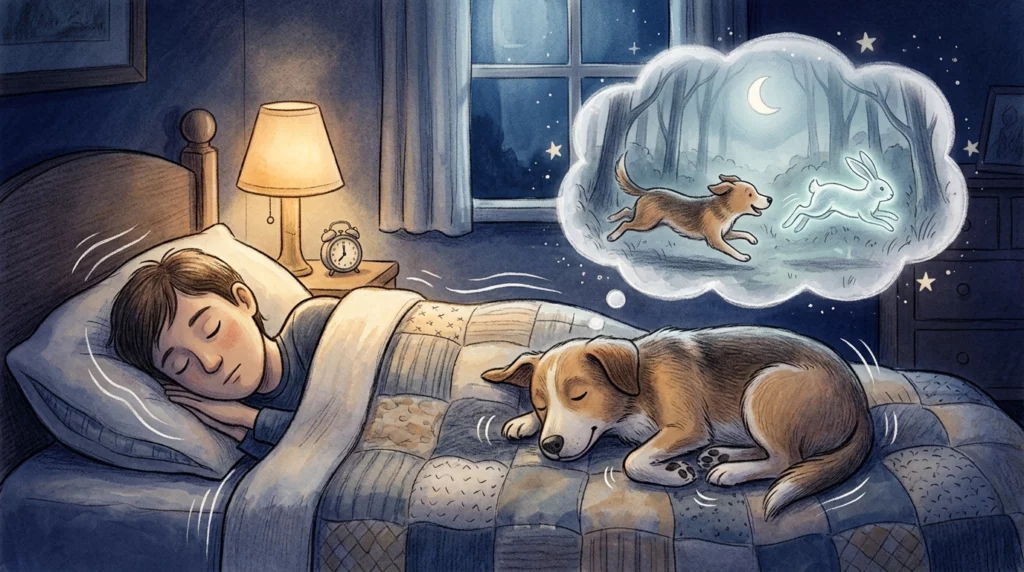 A warm storybook-style illustration of a dog dreaming of a rabbit, gently twitching on a bed beside its sleeping human.