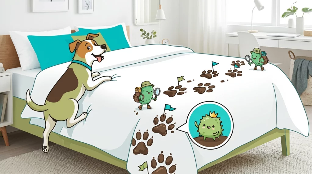 An illustration of a dog leaving cute muddy paw prints on white sheets, with tiny cartoon germ explorers playfully inspecting the path.