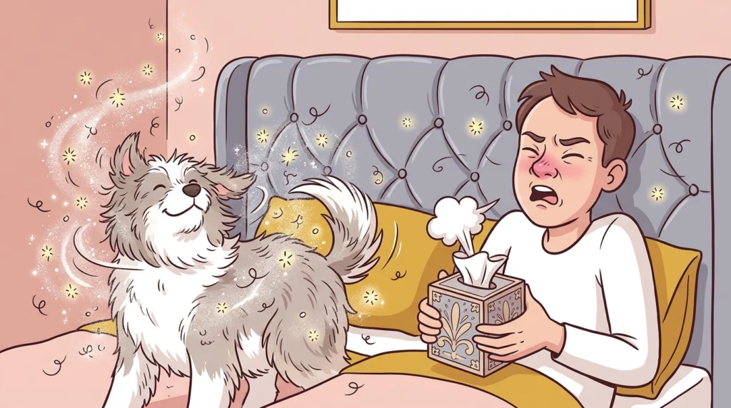 A humorous illustration of a fluffy dog shaking loose a cloud of dander while its owner holding a tissue prepares to sneeze.