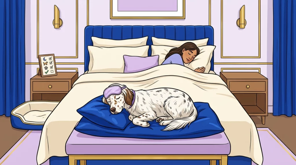 A polished illustration of Niki the English Setter sleeping elegantly with a sleep mask on a designated pillow at the foot of a tidy bed.