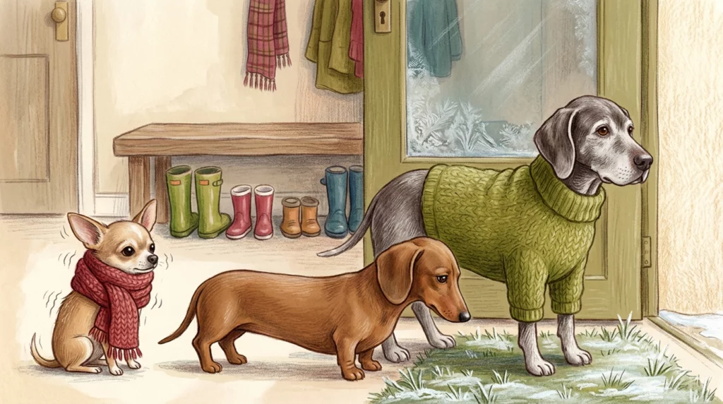 A charming storybook illustration of a Chihuahua in a scarf, a Dachshund, and an elderly Pointer in a sweater standing in a mudroom.