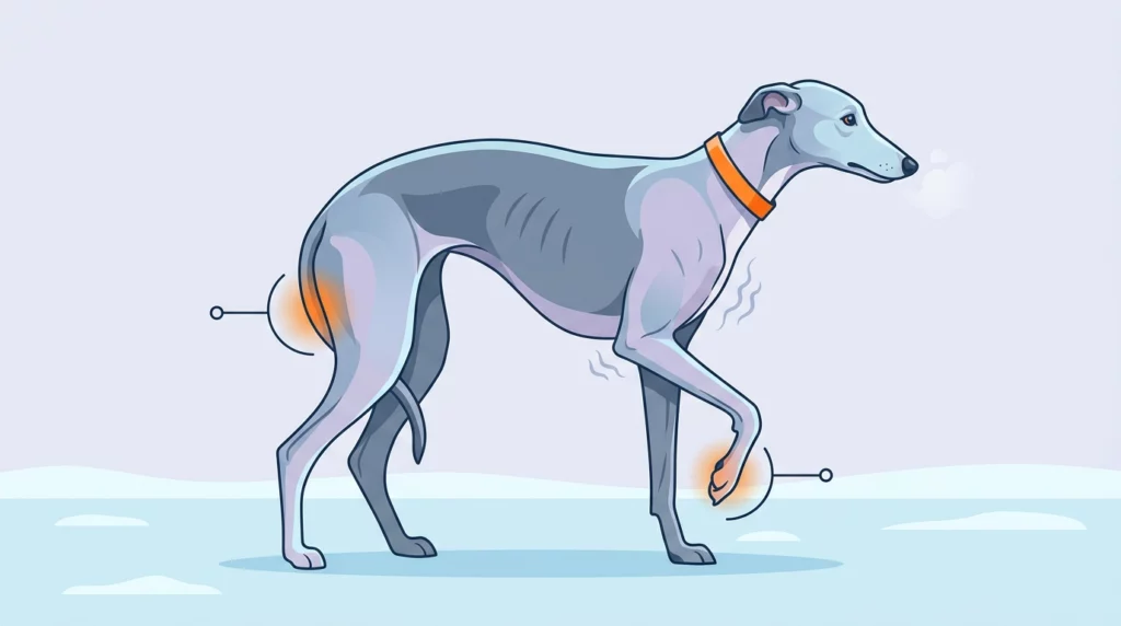 An editorial diagram-style illustration showing a shivering Greyhound with a tucked tail and lifted paw, indicating it is too cold.