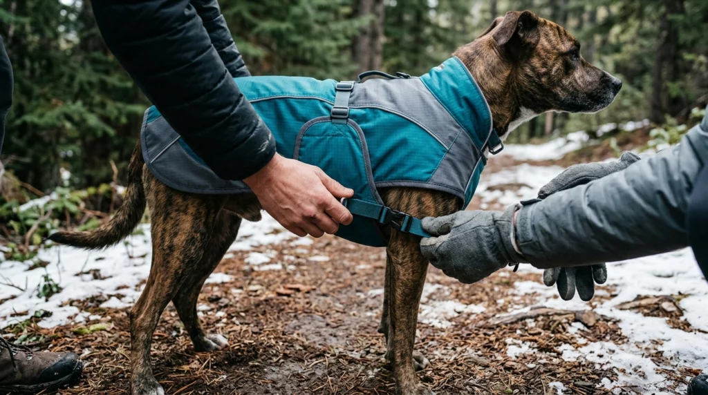 A close-up photo of hands fastening a teal utility coat on a brindle dog during an outdoor winter hike.