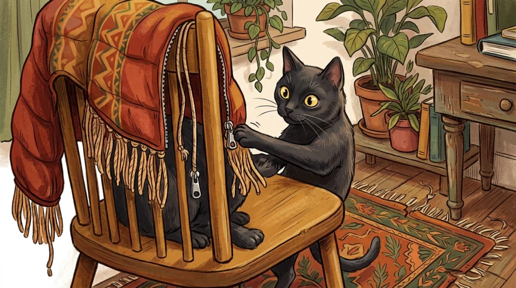 A playful illustration of a black cat batting at unsafe dangling strings and long fringe on a dog coat hanging on a chair.