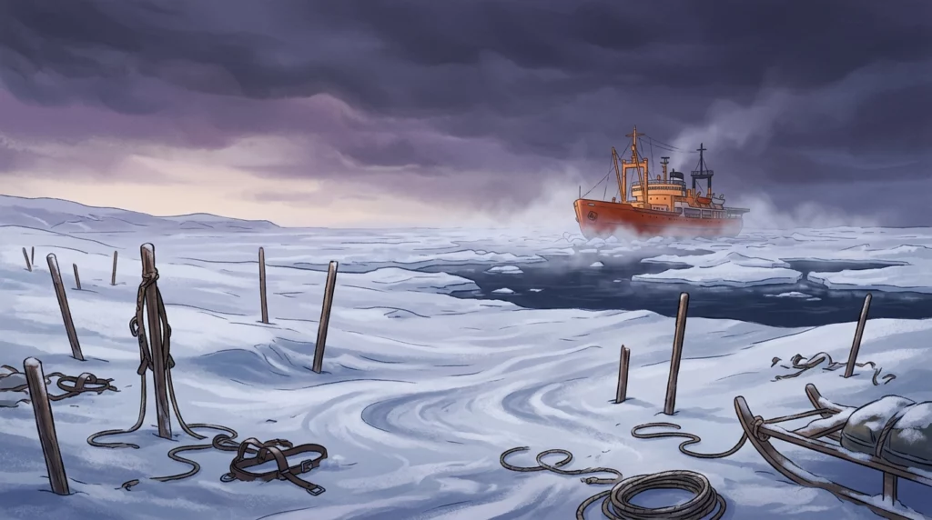 A warm storybook illustration of the Japanese icebreaker Sōya trapped in distant pack ice, leaving behind empty wooden sled stakes on a snowy shoreline.