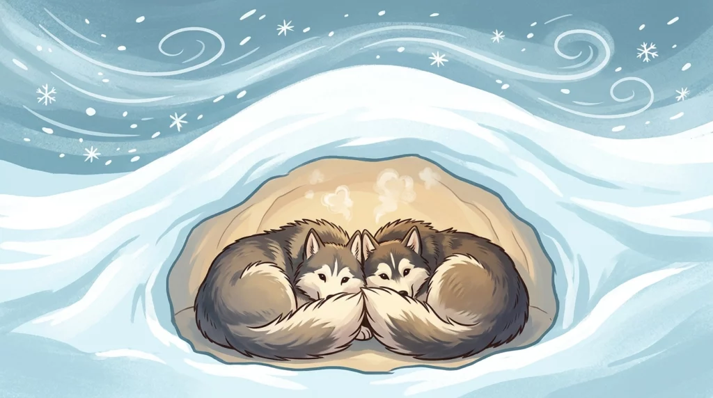 A playful editorial cross-section illustration showing Taro and Jiro curled up together warmly inside a cozy snow burrow while a stylized blizzard rages above.