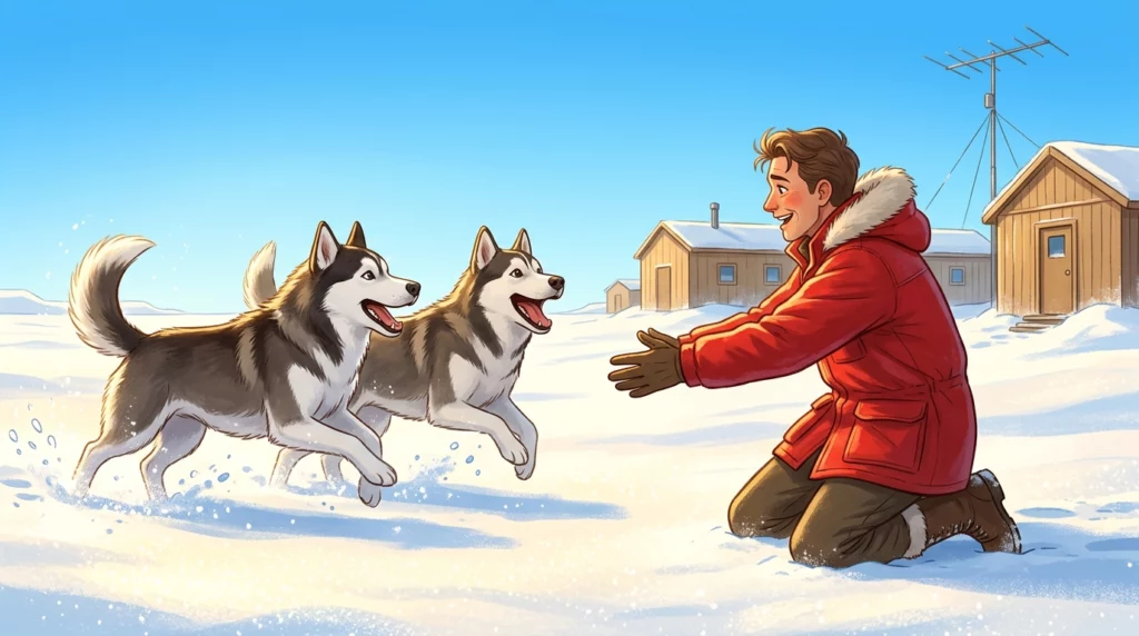 A heartwarming storybook-style illustration of a researcher in a red coat kneeling in the snow to welcome Taro and Jiro back, with the dogs happily running toward him.