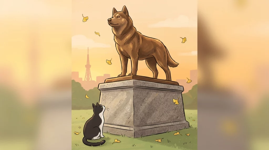 A playful editorial illustration of a proud bronze husky statue on a stone pedestal, with a curious black-and-white cat looking up at it in respect.